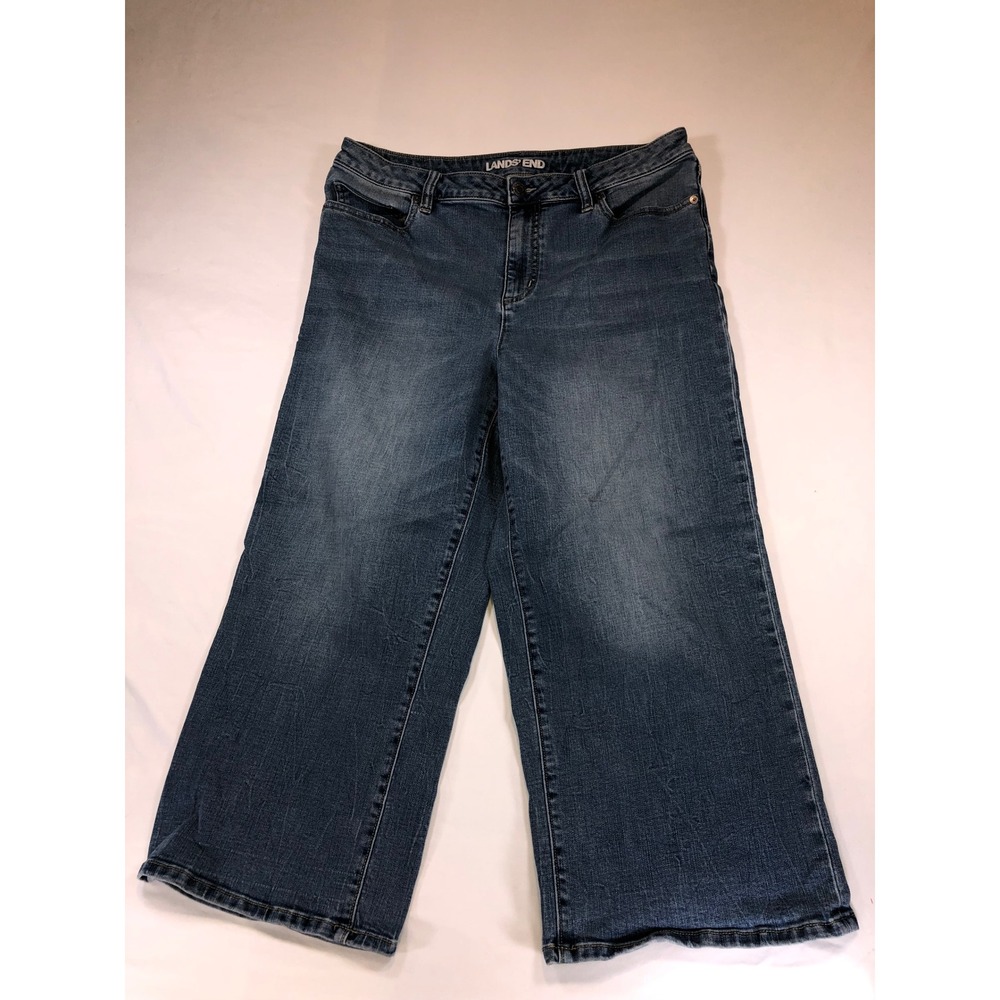 Lands End Womens Wide Leg Crop Jeans Medium Wash Stretch Denim Size 16